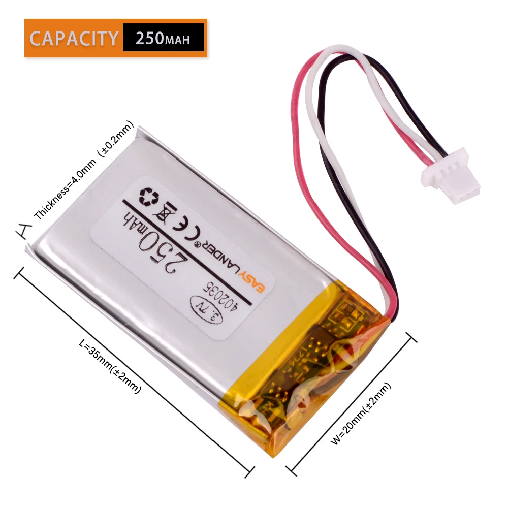 3.7V 300mAh 402035 Lithium Polymer LiPo  battery with JST 1.0mm 3pin for Handheld GPS Mp3  bluetooth Xiaomi Yi smart dash camera