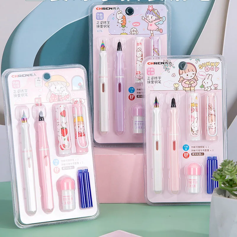 

Thermosensitive Erasable Pen2pcs Fountain pens pink set Non Blocking Pen Erasable Ink Students Use 0.38mm nib Stationery Gift