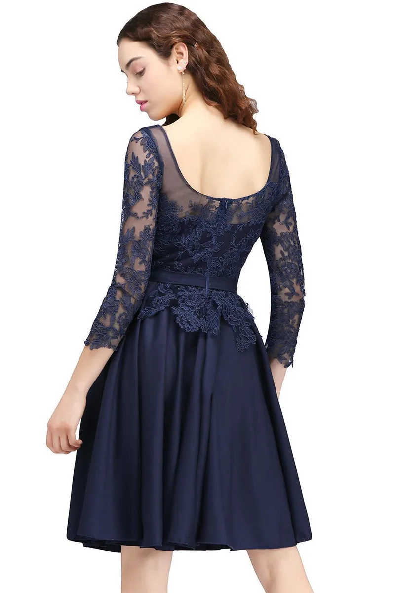 Vestido de Formatura Lace Navy Blue Homecoming Dresses A-line Draped Short Party Dresses 3/4 Sleeves Vestido De Festa Curto