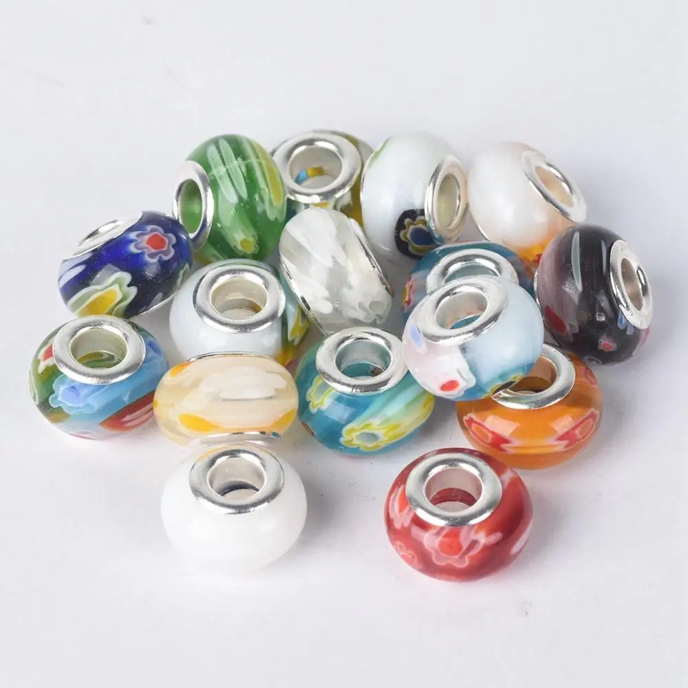 10pcs Random Mixed 14x9mm Round Millefiori Lampwork Glass Big Hole Beads for Jewelry Making European Charms Bracelet DIY