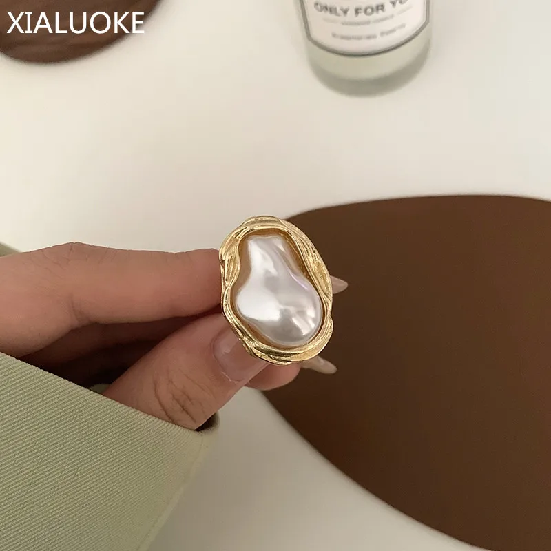 XIALUOKE New Fashion Geometrical Irregular Baroque Pearl Ring For Women Retro Open Resizable Index Finger Rings Party Jewelry