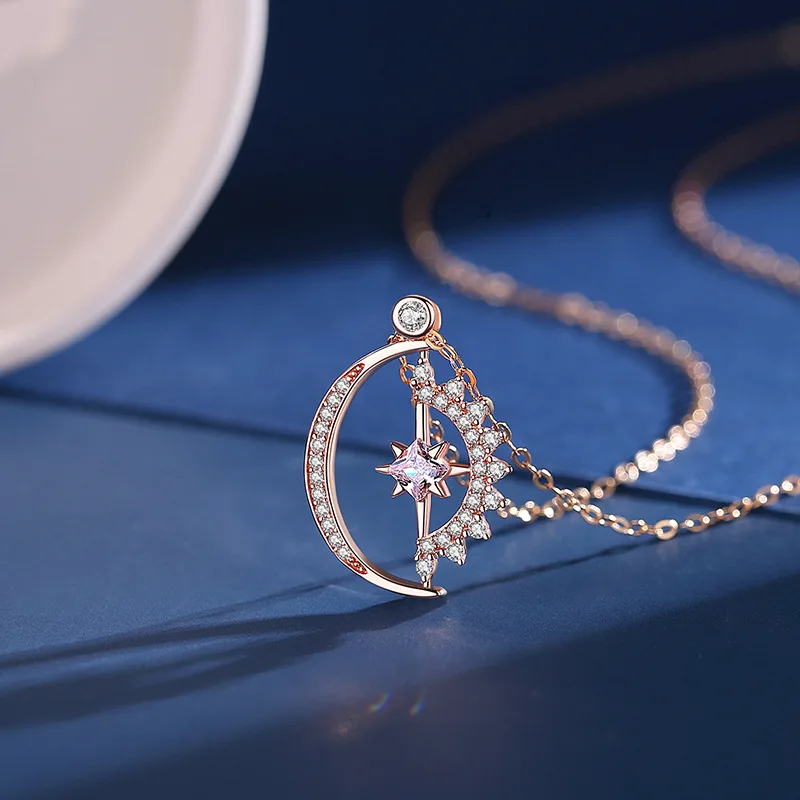 

925 Sterling Silver Sun Moon Star Necklace Female Creative Geometric Pendant Korean Clavicle Chain For Women
