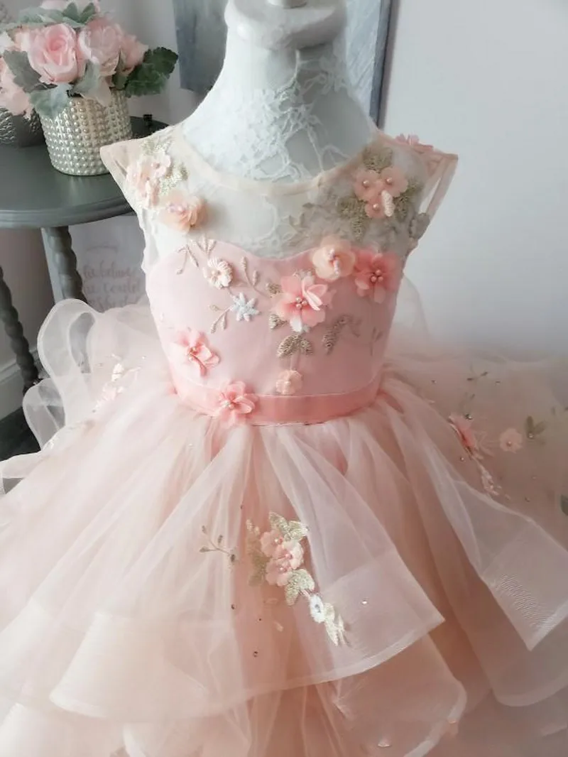 Vestido rosa de flores para niña, traje de fiesta con cuello transparente, apliques de flores 3D, 2020