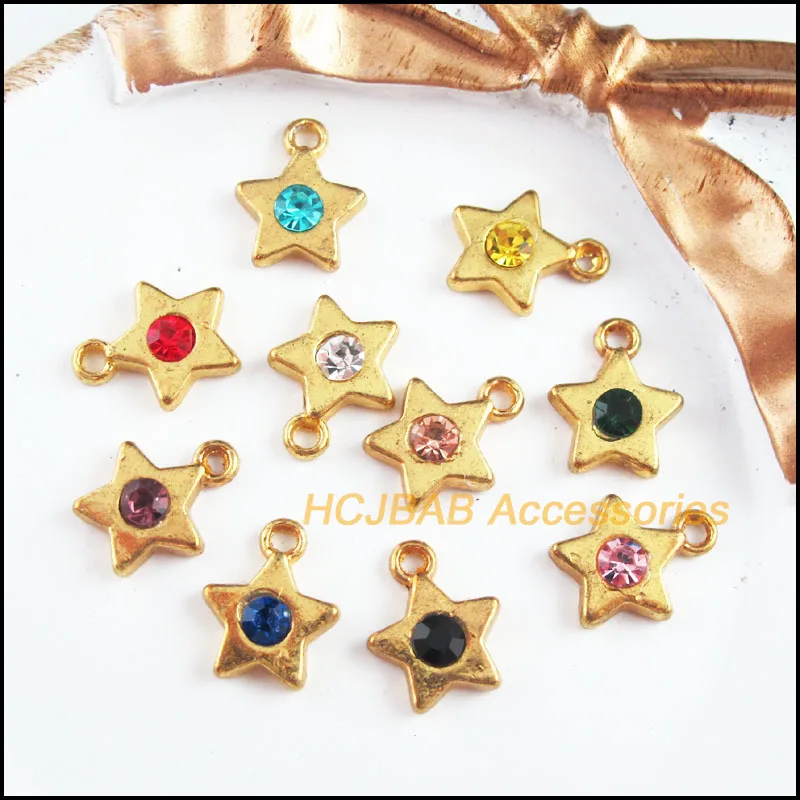 20 New Smooth Star Charms Gold Color Mixed Crystal Pendants 11.5x14mm