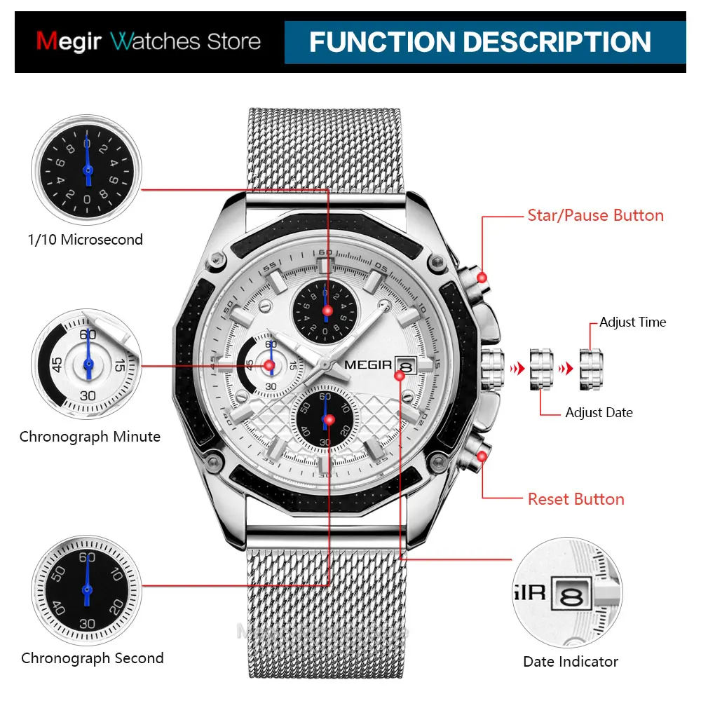 MEGIR Men\'s Watches 2020 Luxury Fashion Chronograph Quartz Watch for Man Mesh Strap Casual Army Sport Waterproof Wrist Watches