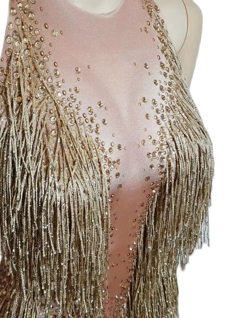 Gold Tassel  Jumpsuits Hollow Out Women Latin Dance Sexy Show Stage Costume Nightclub DJ Outfits Party Prom Rompers