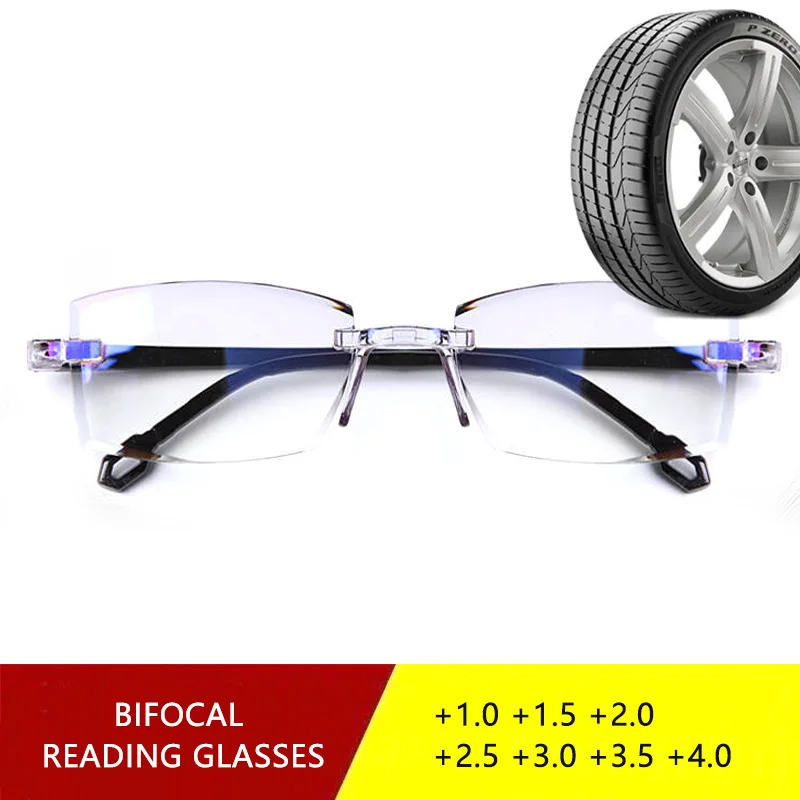 Rimless Bifocal Reading Glasses Men Women Anti Blue Light Presbyopic Glasses Diopter +150 250 TR90 Unbreakable