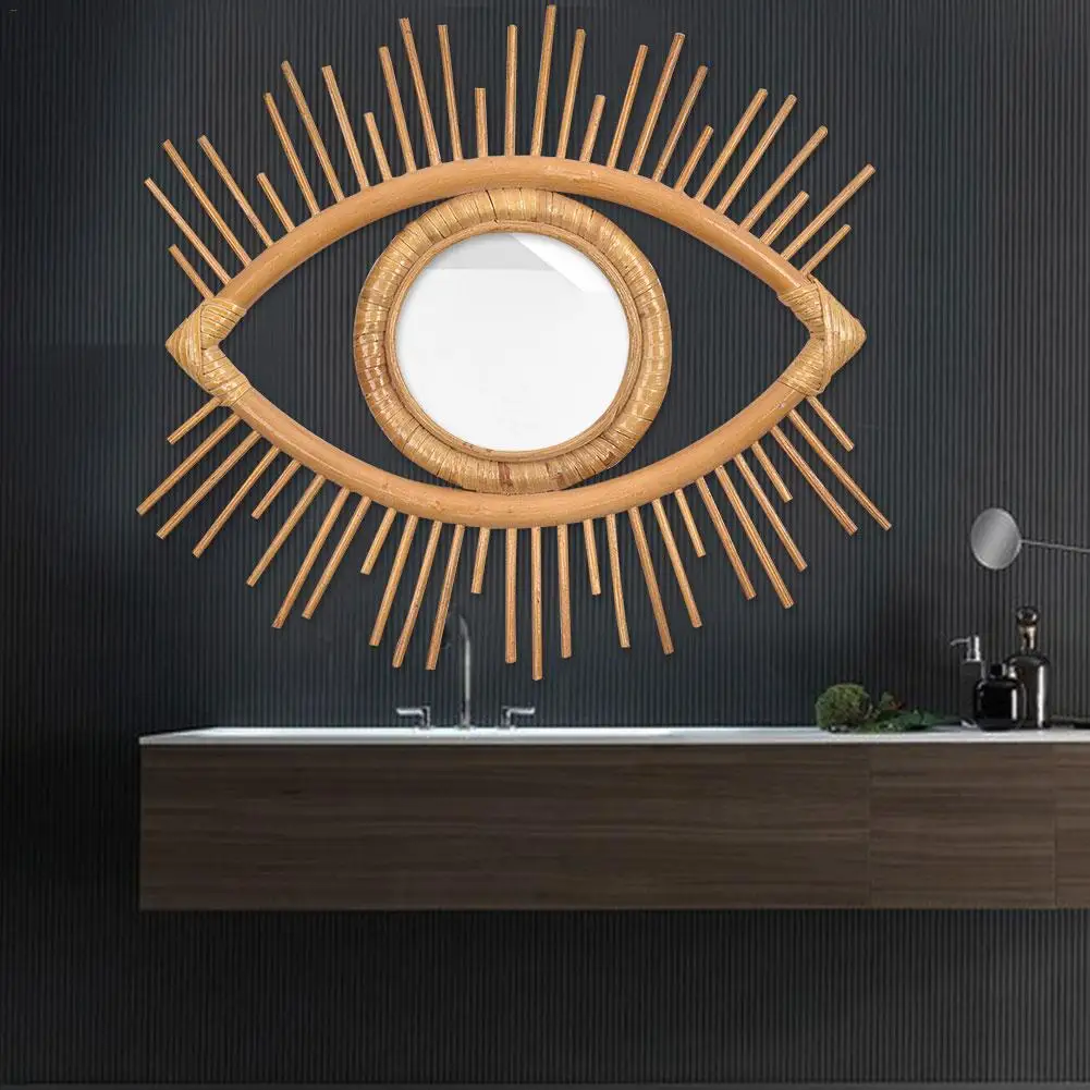 Eye Shape Decor Mirror Frame Rattan Art Rattan Mirror Frame Bathroom Wall Hanging Mirror Frame Innovative Photo Frame Crafts