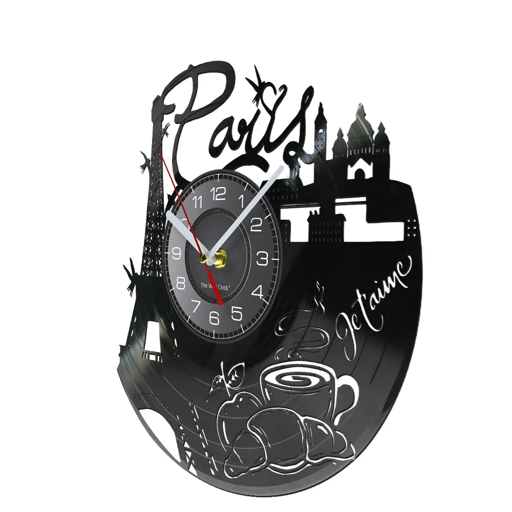 Paris Eiffel Tower Vinyl Longplay Record Wall Clock Famous Buildings In France Romance Home Decor Vintage Watch Architecture Art