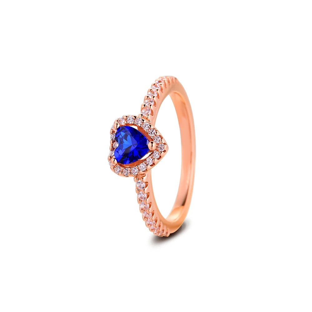 

Rose Sparkling Heart Ring Blue Crystals Fashion Jewelry Golden Color For Women Crystal Stones Accessories