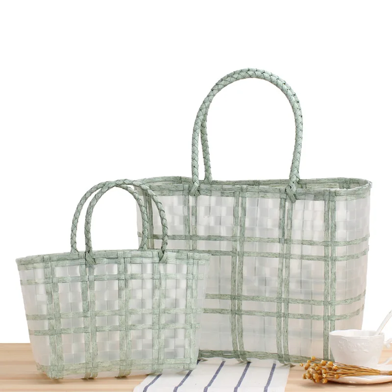 2022 Fashion PVC Handbag For Women Handwoven Check Vegetable Basket Bag Female Casual Tote Plastic Transparent Jelly Beach Bag