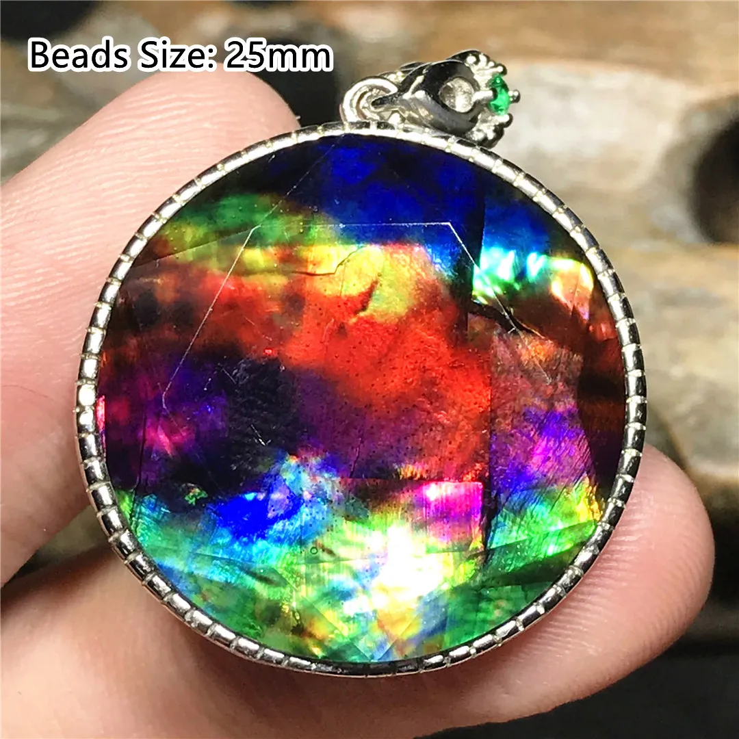 

25mm Natural Ammonite Ammolite Necklace Pendant Jewelry For Women Man Gift Silver Healing Crystal Beads Gemstone Stone AAAAA