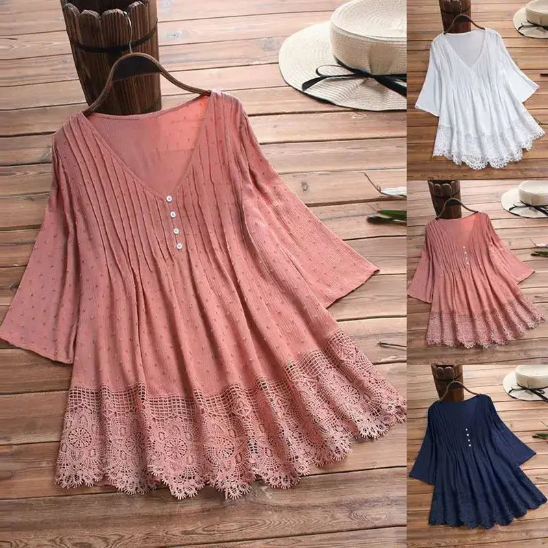 

Summer new plus size shirt 5XL 6XL 7XL fashion women's solid color jacquard pleated lace hollow V-neck shirt