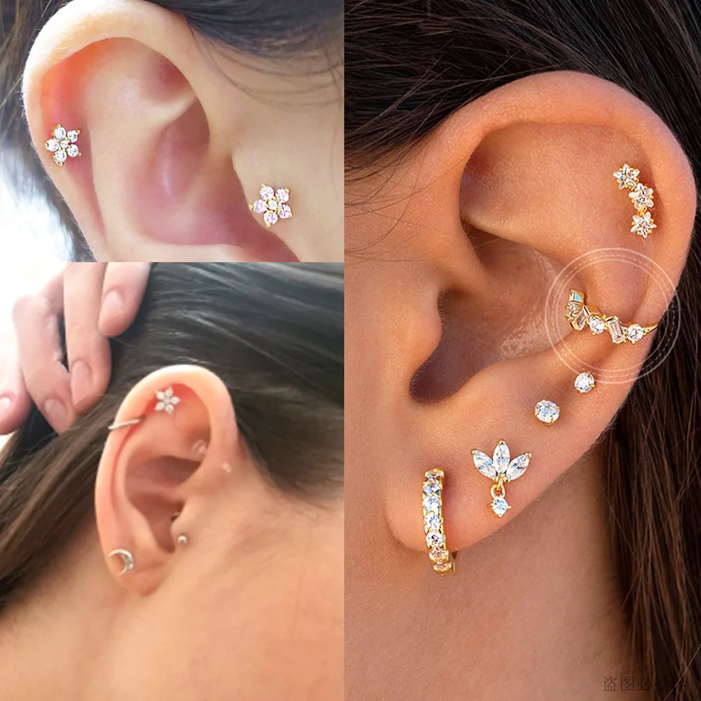 Starose 1 18G Thanh Pha Lê Bông Tuyết Trăng Sao Lá Bông Tai Xoắn Xuyên Tragus Sụn Thùy Bông Tai Mũi nhẫn Trang Sức