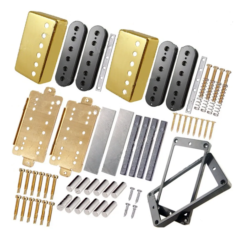 A Set of Guitar Humbucker Pickup Kits Producing Accessories Brass Coverand Baseplate and  Unmagnetized Alnico 5 Bar Magnet