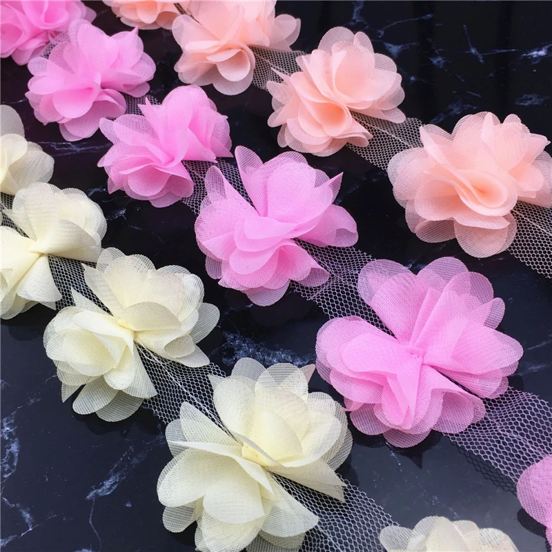 1yard 12pcs Flower Chiffon Cluster Flowers For Wedding Dress Bridal Fabric Lace Trim Fabric DIY Sewing Fabric