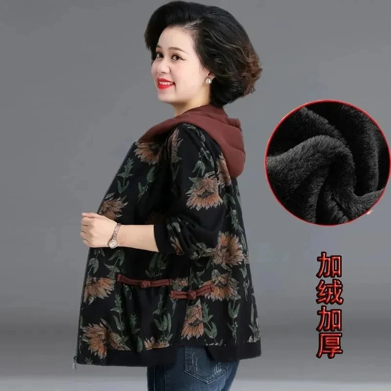 2022 New Print Jacket Mother's Middle-Aged Elderly Mother's Autumn Windbreaker Winter Velvet Warm Coat With Hooded 5XL L6