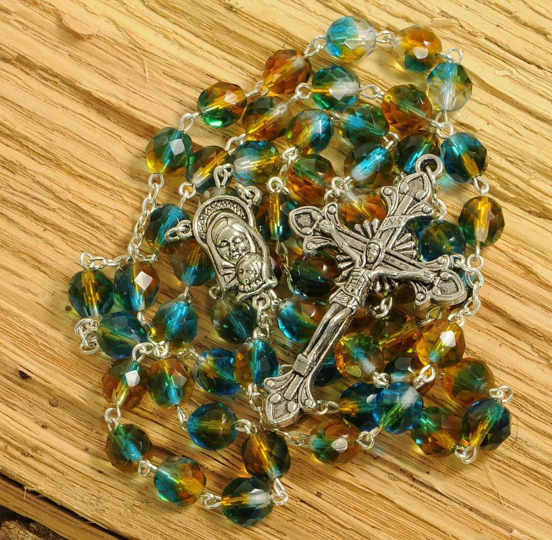 Catholic Rosary Beads Czech AB Glass Bead Silver Traditional Five Decade Gift First Communion