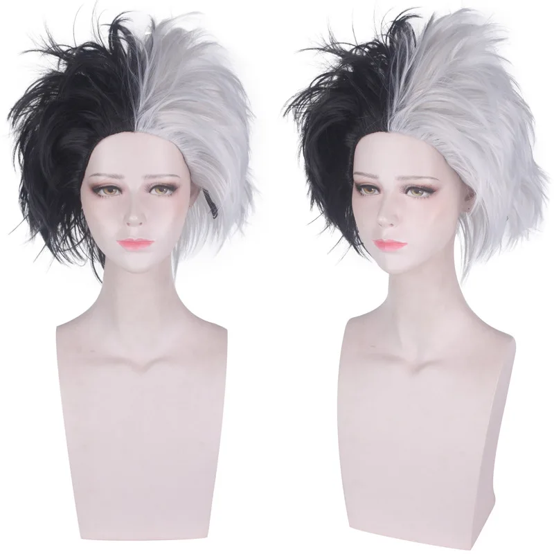 Cruella de Vil Wigs Women Black White Mix Fluffy Synthetic Cosplay Wigs Heat Resistant Costume Wigs + Wig cap image 2