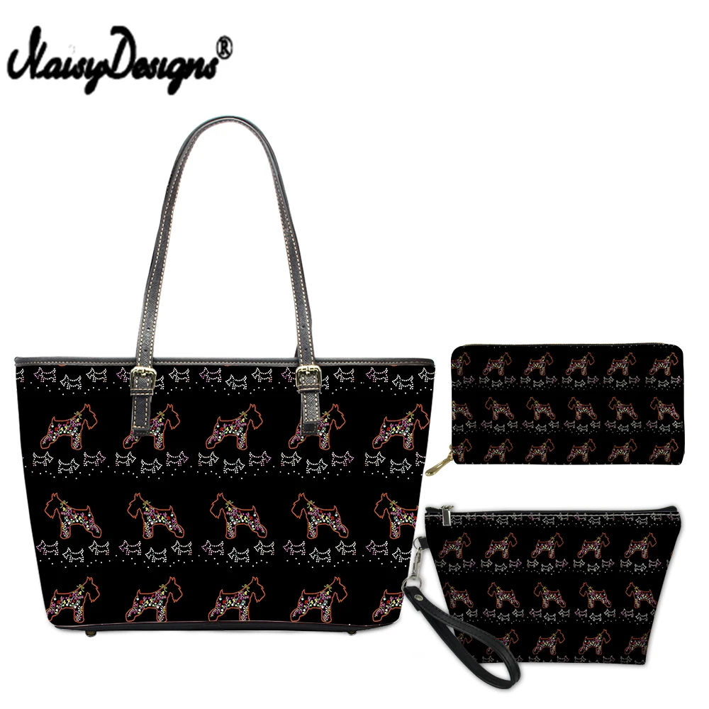 NOISYDESIGNS Scottish Terrier Print Top-Handle Bags 3 pcs/set Women Large Capacity Handbags Females Leather Shoulder Tote Bag