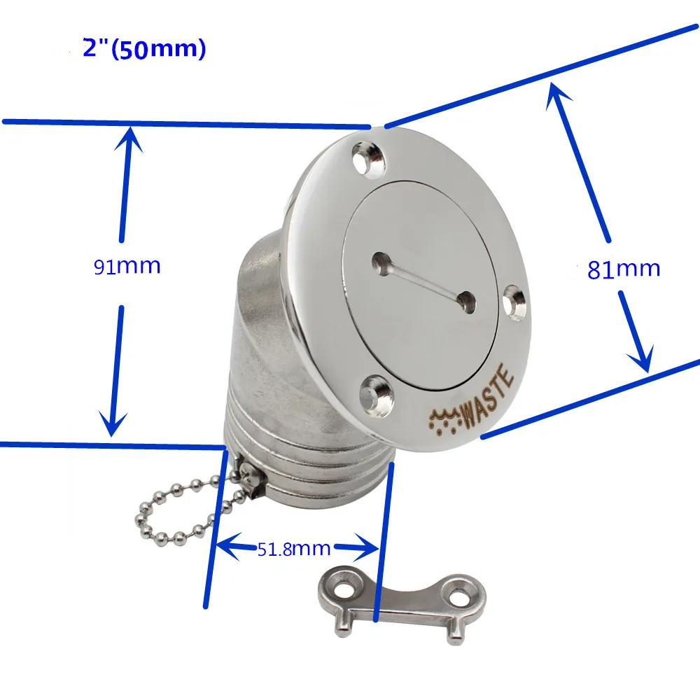 

316 Stainless Steel 45 Degree Deck Filler With Key GAS DIESEL FUEL WASTE WATER 2inch 50mm Marine Boat Hardware Deck Filler Caps