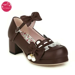 Japoński styl Sweet Bow Lace Princess Lolita Shoes Lace-up Med Heel Buckle Strap Thick Platform Pumps with Cute Ears Pearl 2021