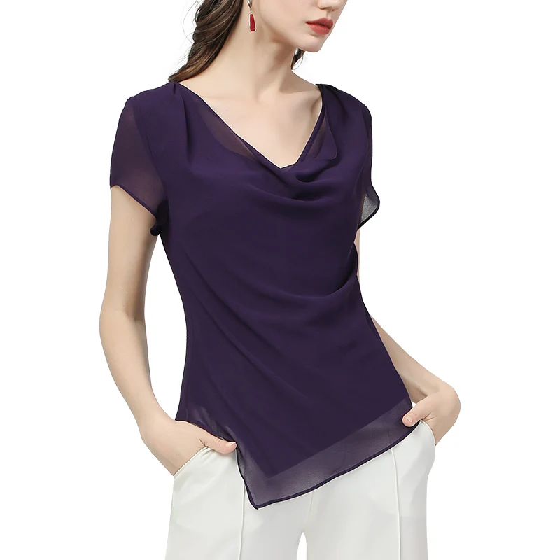 2021 Women Short Sleeve Summer Chiffon Blouse Purple V-Neck Tops Slim All-match Double Layered Fashion Casual Ladies Blouses