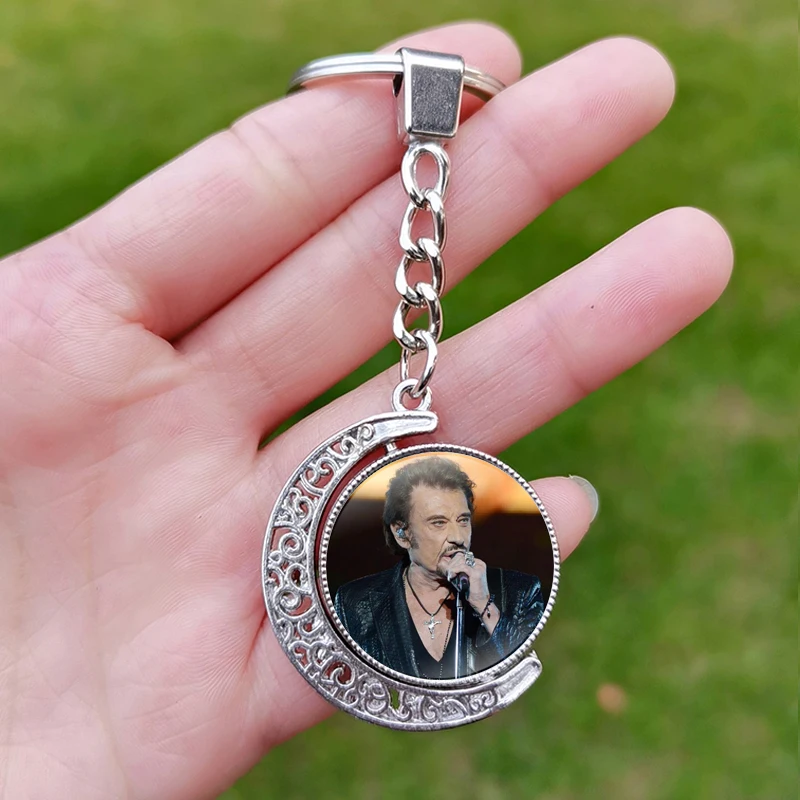 Rock Star Johnny Hallyday Key Chain Bag Pendant Double Sided Moon Pendant Rotated Key Ring Exquisite Keyring Gift