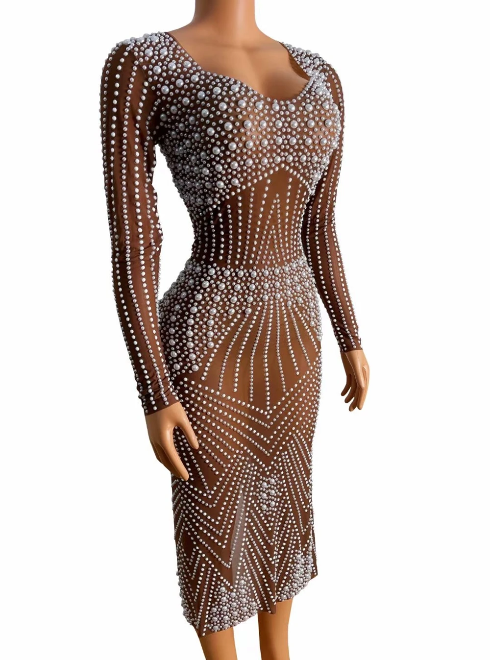 Vestido corto con perlas transparentes para mujer, vestido Sexy de malla elegante para fiesta de cumpleaños, celebración, espectáculo de baile, traje de actuación