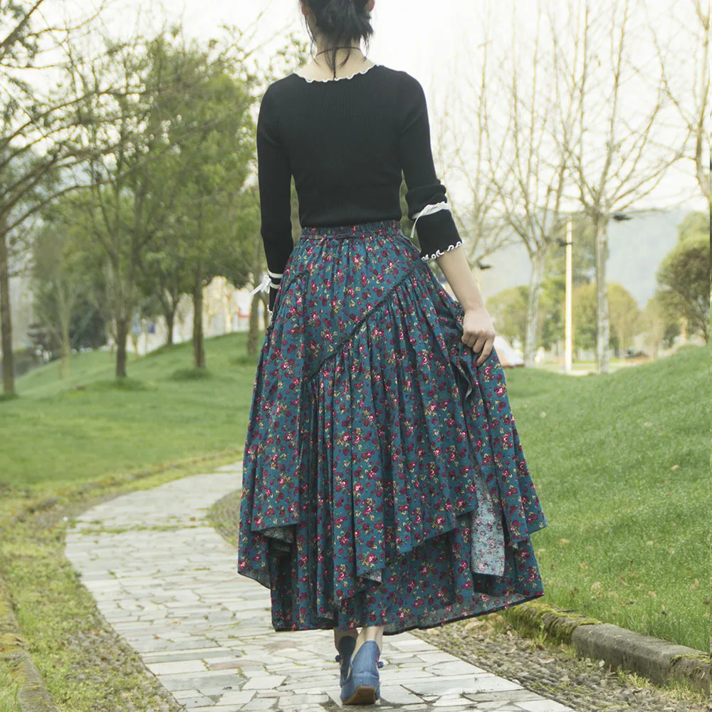 Imagem -02 - Tiyihailey Borda Grande Maxi Linha a de Bainha Longa Cintura Elástica Feminina Algodão Linho Impresso Flor Alta Qualidade Outono Verde