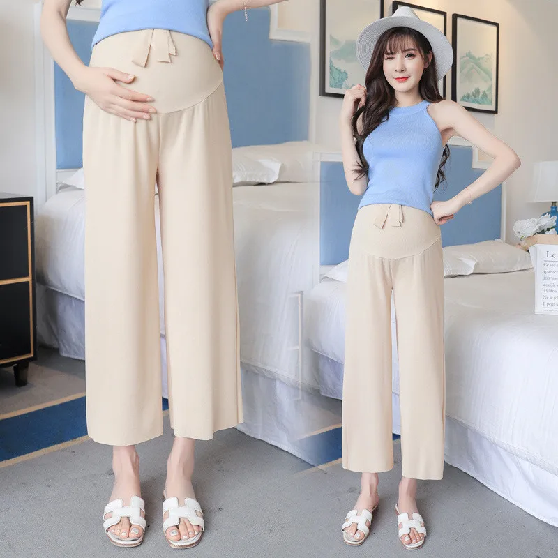 

Soft Ice Silk High Waist Belly Pant Maternity Trouser Casual Pregnant Women Wide Leg Belly Extender Premama Pregnancy Clothing