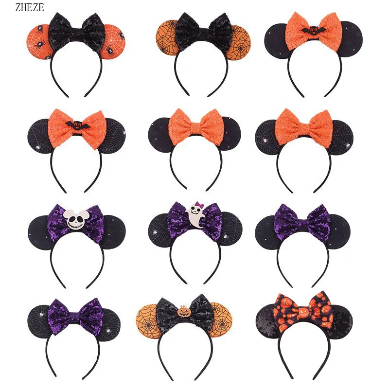 10Pcs/Lot Spider Halloween Festival Headband For Children 5'' Sequin Bow Mouse Ears Hairband DIY Boutique Party Hair Accessories