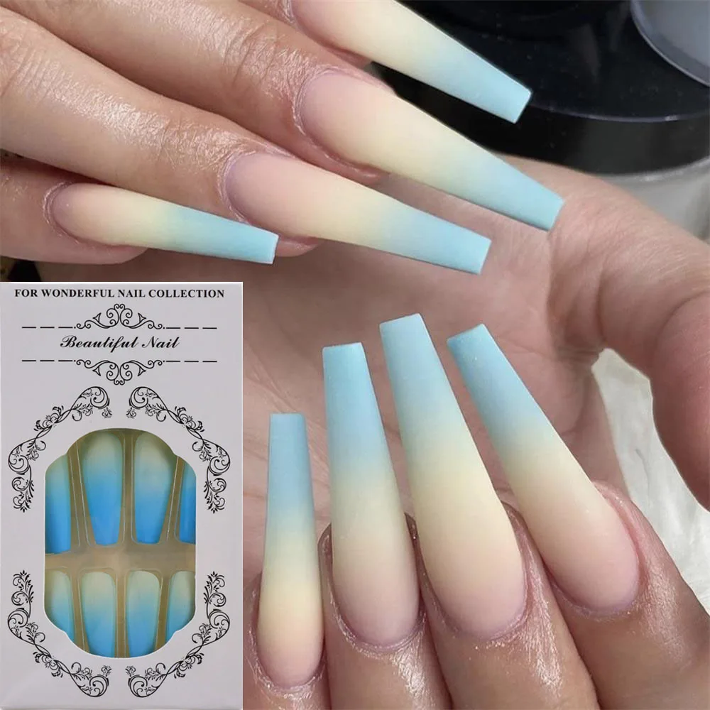 New Gradient Style Matte Full Coverage Long Ballet False Nail Tips  Trend Nail Art French Manicure Tools Dropshipping 24Pcs