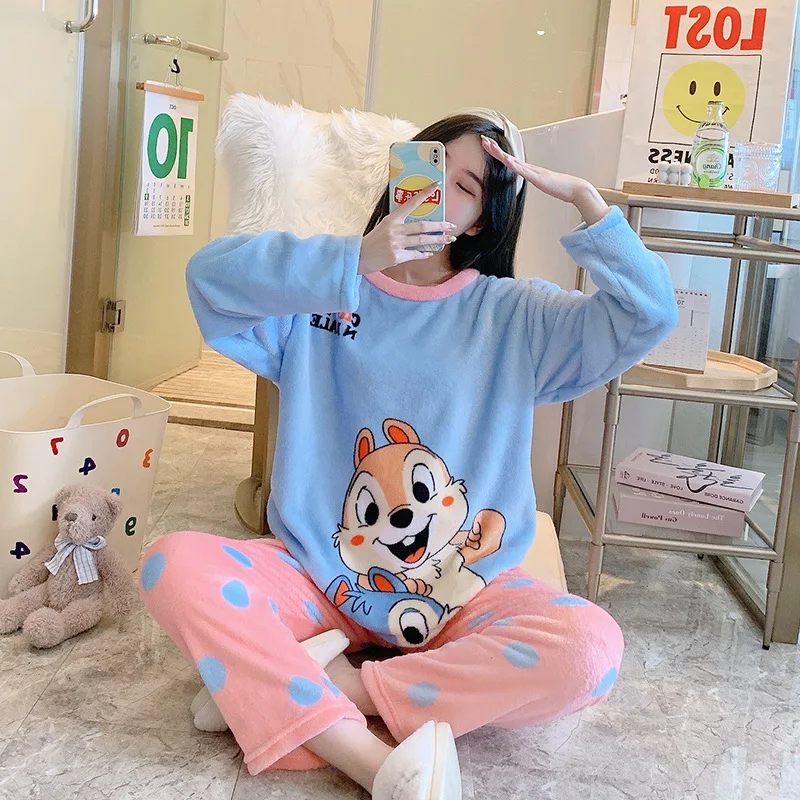 Pajamas Women Mickey Donald Duck Cute Thickened Flannel Winter Cartoon Long-Sleeved Home Service Suit