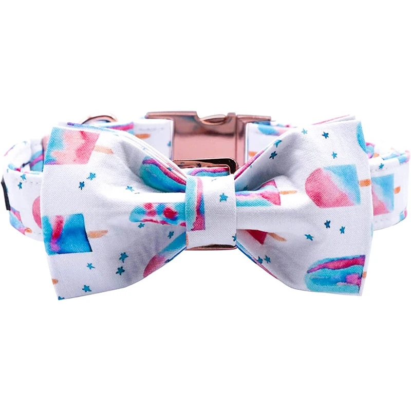 Unique Style Paws Summer Cotton Dog Collar with Bow Tie Durable Summer Ice Cream Dog Collar for Small Medium Large Dog