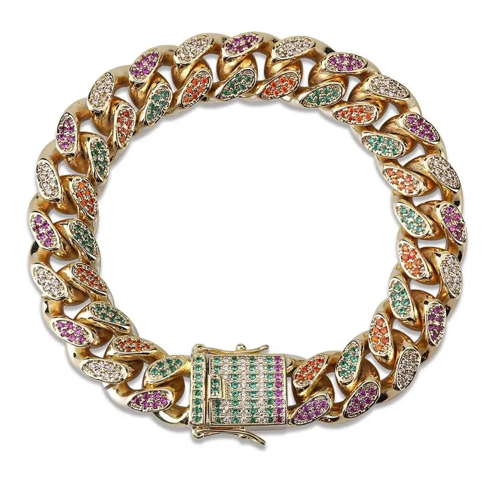 14mm Hip Hop Multicolor AAA CZircon Bling Ice Out Cuban Curb Miami Link Chain Bracelets for Men Rapper Jewelry