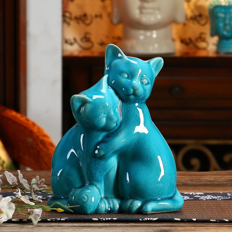 CRACK GLAZED PORCELAIN CAT LOVERS SCULPTURE DECORATIVE CERAMICS KITTY PET COUPLE FIGURINE ANIMAL MASCOT GIFT AND CRAFT ORNAMENT