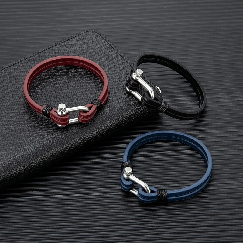 MKENDN Double Strand Genuine Blue Leather Bracelet Stainless Steel U Shape Buckle Bracelet Men Homme Pulseras Nautical Style