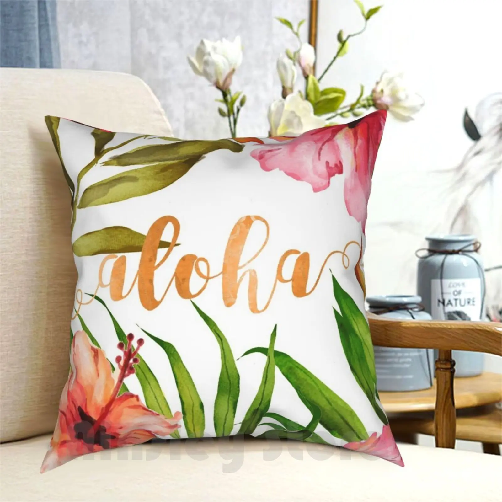 Aloha Tropical Hawaiian Floral Watercolor Pillow Case Printed Home Soft Throw Pillow Hawaii Hawaiian Tropical Floral