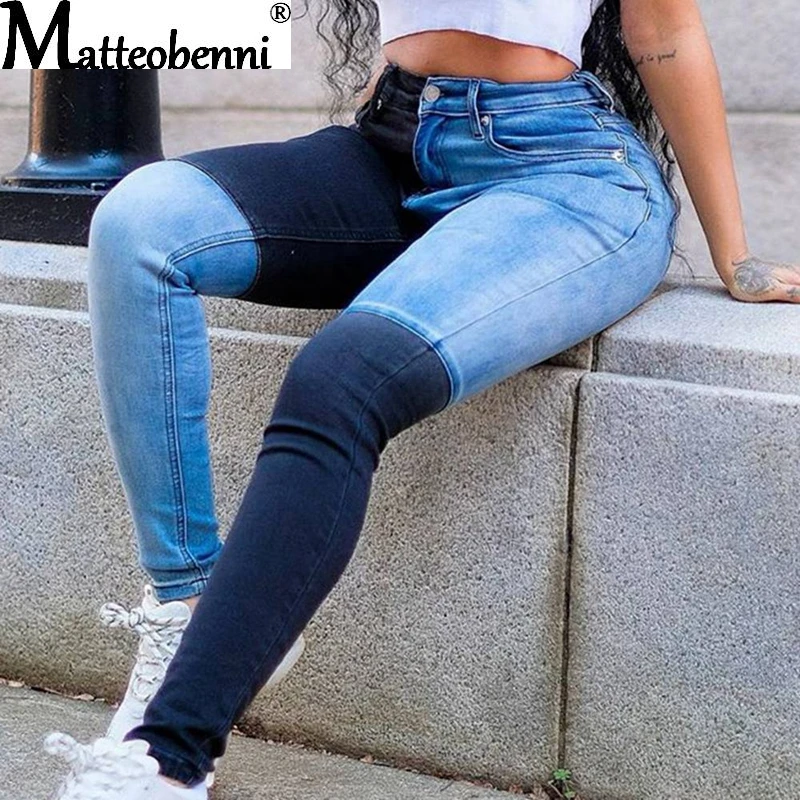 2021 neue Herbst Mode Kontrast Patchwork Jeans Frauen Hohe Taille Hüfte Hop Bleistift Hosen Damen Hosen Weibliche Denim Streetwear