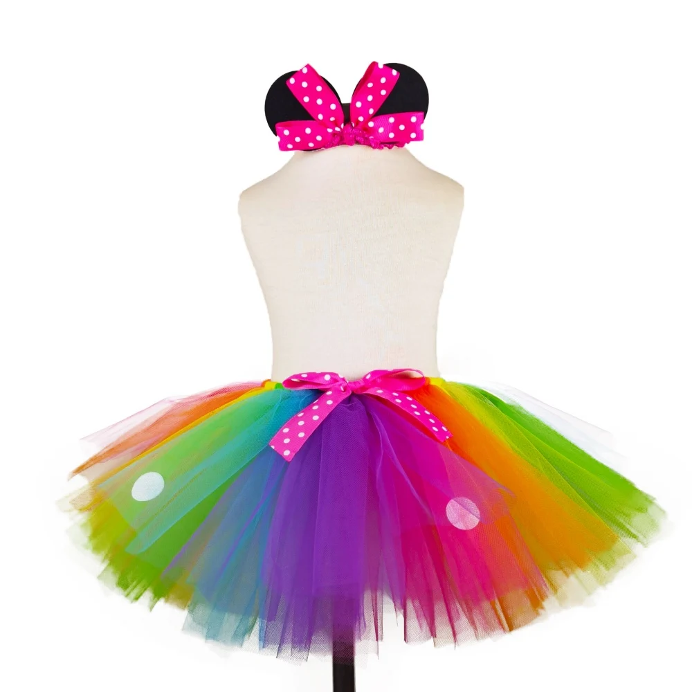 Girls Rainbow Mickey Tutu Skirts Kids Ballet Dance Tulle Pettiskirts Tutus with Hairbow Children Birthday Party Costume Skirts