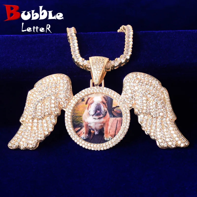 Bubble Letter Solid Back Wing Down Circle Picture Photo Pendant Micro Pave Charm Men's Hip Hop Rock Jewelry