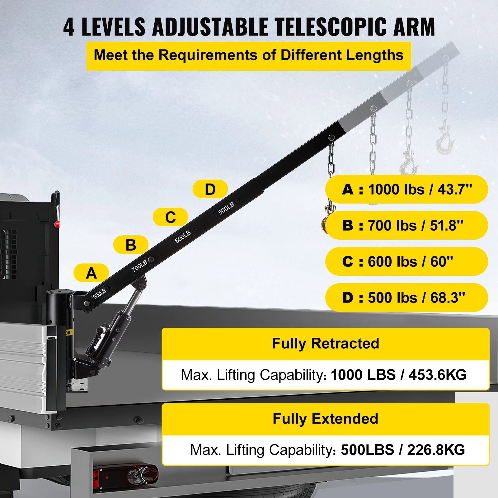 VEVOR 1000 / 1100 LBS Xe Bán Tải Cần Cẩu Thủy Lực Pa Lăng Xích Kéo Tay Nâng Cần Trục Đế Xoay Cho Xây Dựng Giao Thông Ngành Công Nghiệp