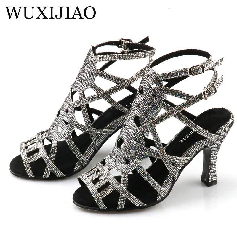 WUXIJIAO Professional Ballroom Dance Shoes Ladys Halloween Skull Salsa Dance Shoes Denim Doodle 9cm Heeled Women Latin Dance