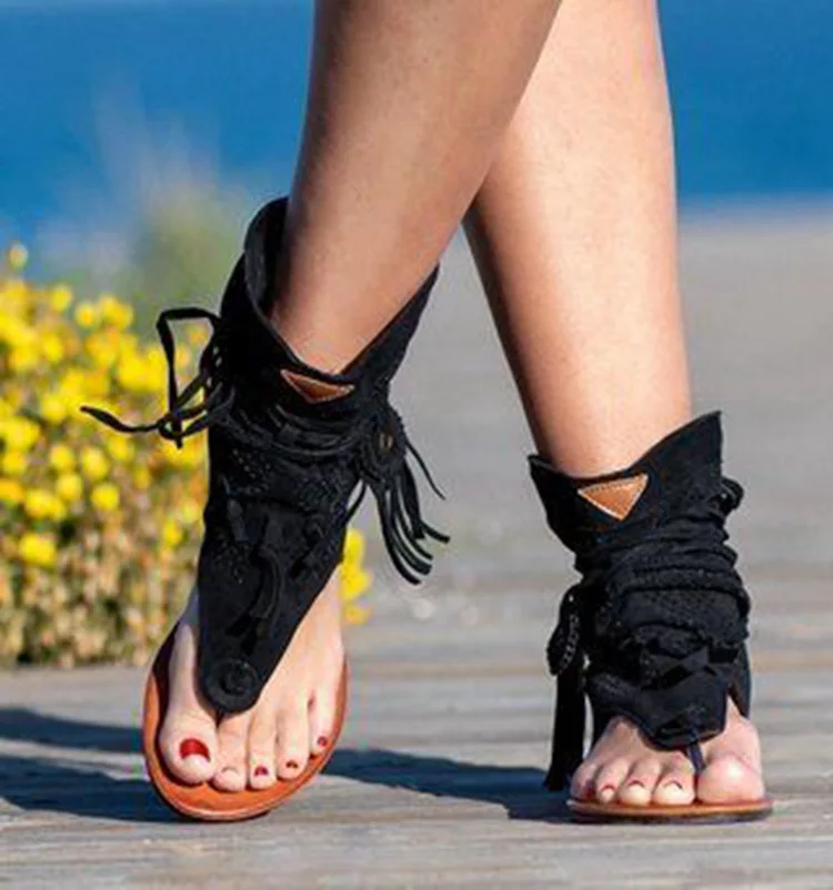 Sandalias Retro con borlas para Mujer, zapatos planos bohemios de verano, zapatos de playa con cordones para Mujer, Sandalias para Mujer 2020,