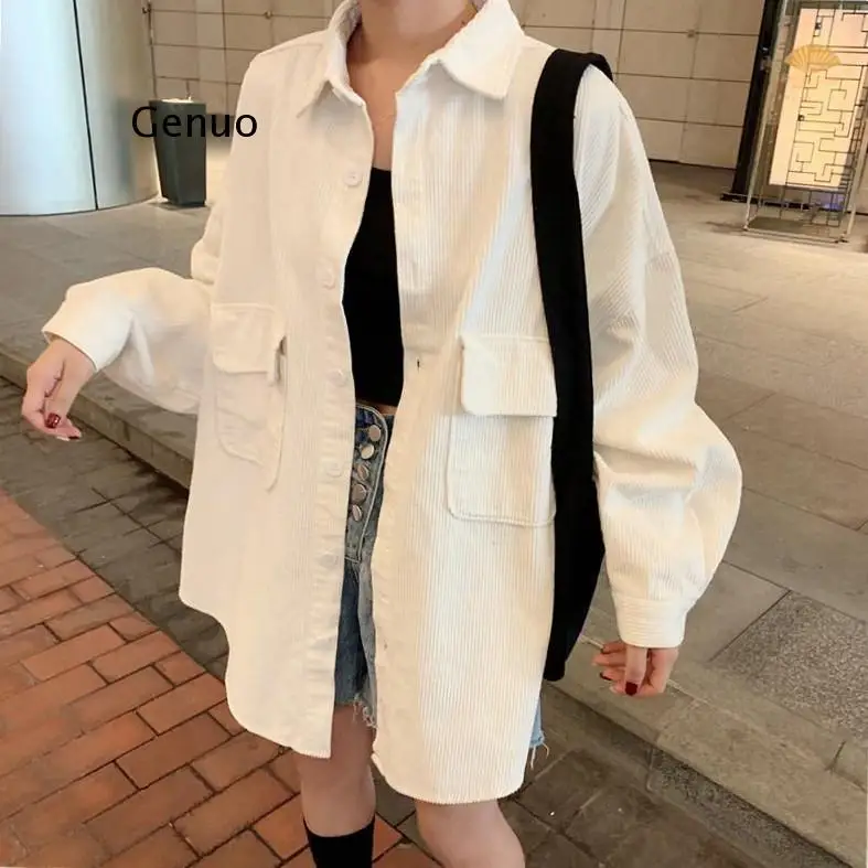 

Women Spring Solid Corduroy Shirts Jackets Full Sleeve Turn-Down Collar White Oversize Tops Casual Autumn Basic Outwear