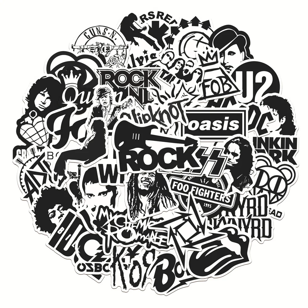 10/30/50PCS Black and White Rock Band Graffiti Waterproof Sticker Suitcase Notebook RefrigeratorSkateboardStationeryBoxWholesale