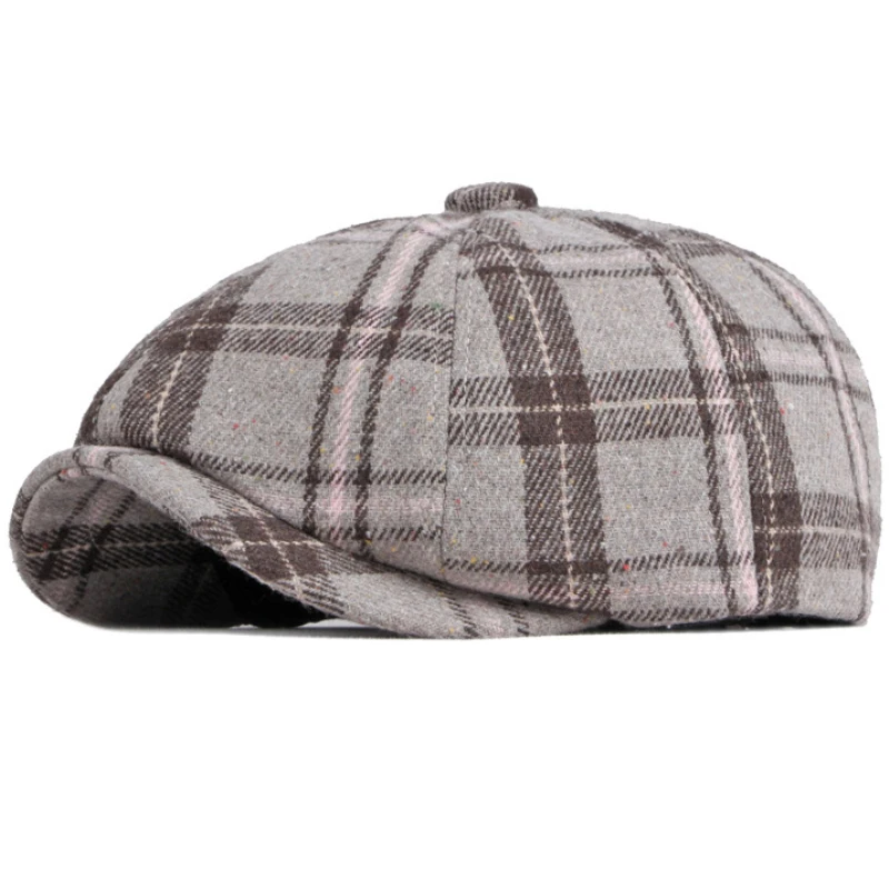 HT3748 Antumn Winter Hat Men Women Beret Vintage Plaid Octagonal  Cap Artist Painter Wool Beret Hat Male Female Beret Cap