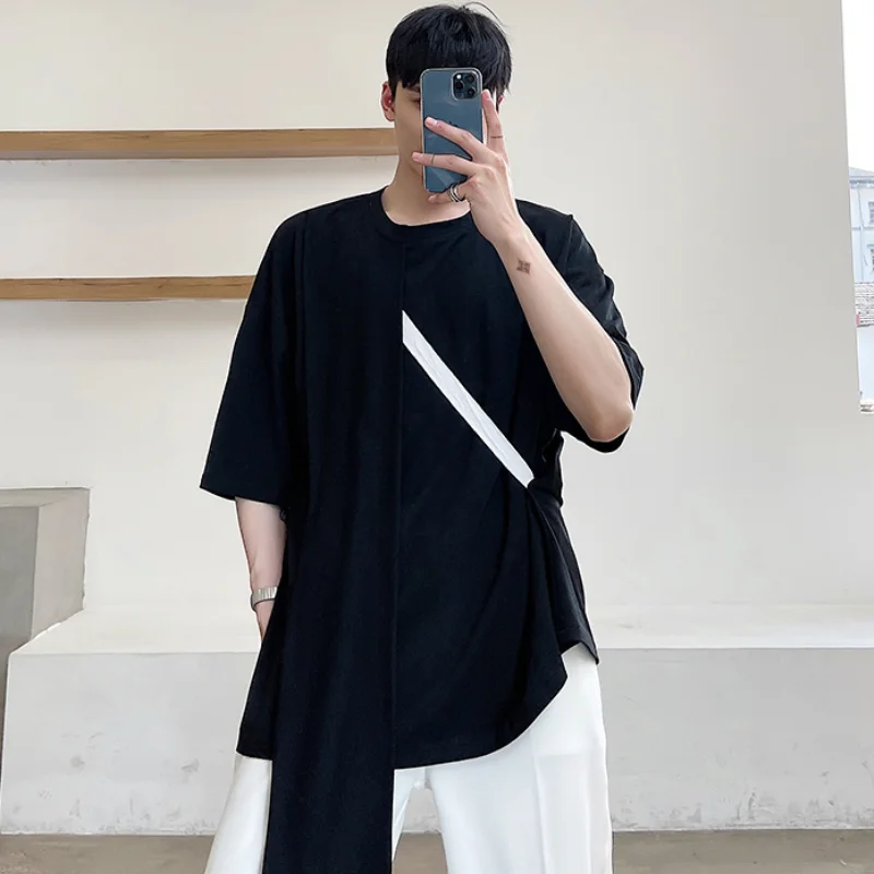 Men's Summer Large Size Asymmetric and Irregular Design Large Size T - Shirt with Adjustable Character Ribbon Loose Collars