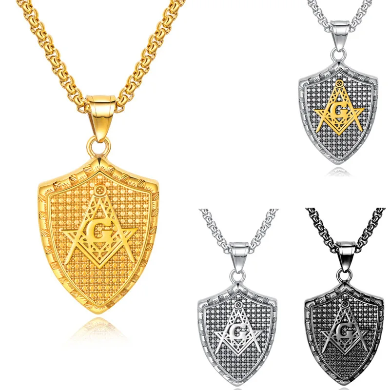 Stainless Steel Masonic Free Mason Shield Pendant Men Signet Freemasonry Vintage Punk Necklace for Men Jewelry